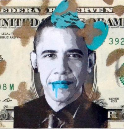 Death NYC - Obama Green (1 $ Banknote), daté 2013 et signé au dos - Oeuvre unique 2