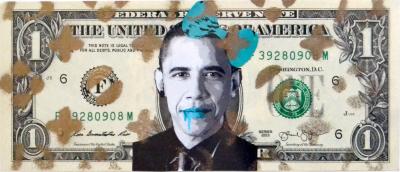 Death NYC - Obama Green (1 $ Banknote), daté 2013 et signé au dos - Oeuvre unique 2
