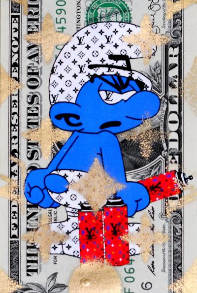 Death NYC (USA 1979) - Smurf Red Bomb LV (1 $ Banknote), daté 2013 et signé au dos - Oeuvre unique 2