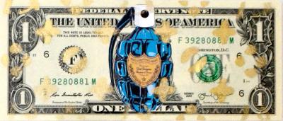 Death NYC - Bomb Drunk Blue (1 $ Banknote), daté 2013 et signé au dos - Oeuvre unique 2