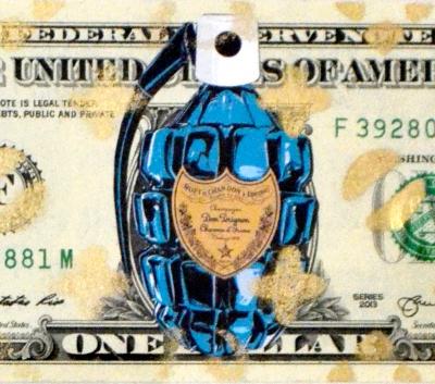 Death NYC - Bomb Drunk Blue (1 $ Banknote), daté 2013 et signé au dos - Oeuvre unique 2