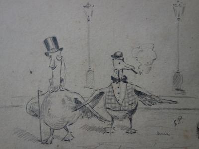 Edmond PELLISSON : Les pigeons élégants - Dessin original signé - c. 1895 2