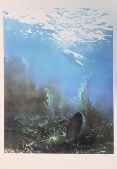 Roland CAT : Fond marin au dauphin - Lithographie originale signée
