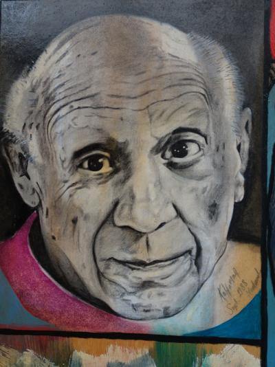 Hassan Ertugrul KAHRAMAN : Télécarte avec la colonne Morris et Picasso - Acrylique sur panneau signé 2