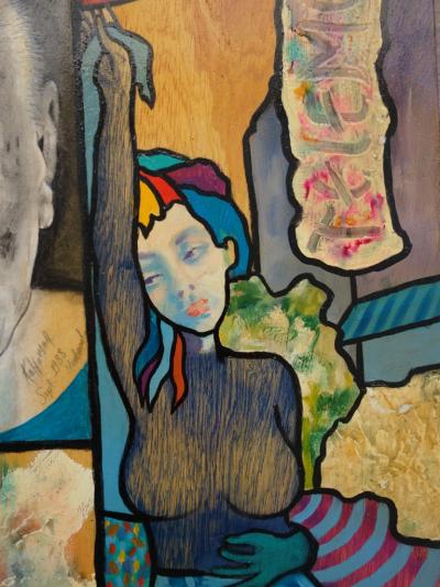 Hassan Ertugrul KAHRAMAN : Télécarte avec la colonne Morris et Picasso - Acrylique sur panneau signé 2
