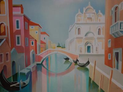 Janick LEDERLE : Gondoles à Venise - Lithographie originale signée 2