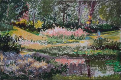 Yvonne CHEFFER DELOUIS : Iris roses près du lac - Lithographie originale signée 2