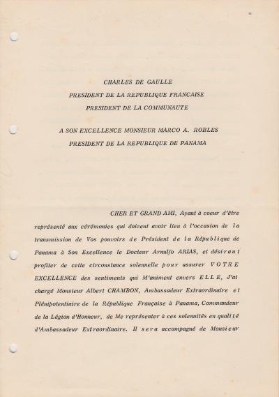 Charles de Gaulle - lettre signée concernant une invitation suite à l’élection du président du Panama 2