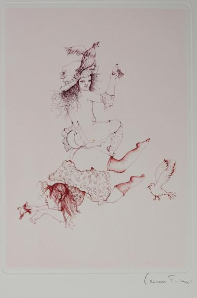 Leonor FINI - Young girl with birds, 1973 - Original etching signed for the book by Comtesse de Ségur 2