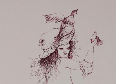 Leonor FINI - Young girl with birds, 1973 - Original etching signed for the book by Comtesse de Ségur 2