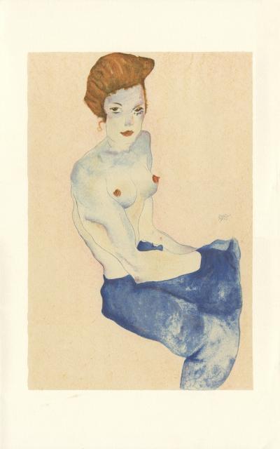 Egon Schiele (d’après) Fille assise torse nu et jupe bleu clair, Lithographie originale 2
