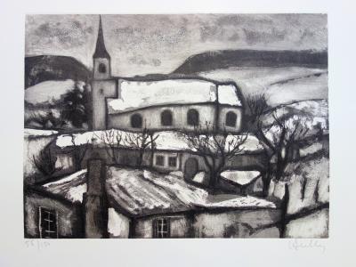 Jacques HALLEZ : Le village sous la neige, Gravure originale signée 2