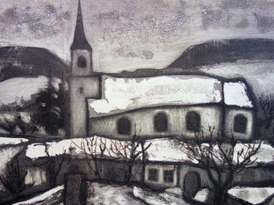 Jacques HALLEZ : Le village sous la neige, Gravure originale signée 2