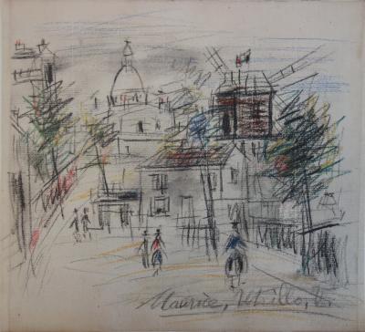 Maurice UTRILLO : Dessin original signé - Le Moulin de la Galette et le Sacré Coeur vus du Maquis, vers 1942 2