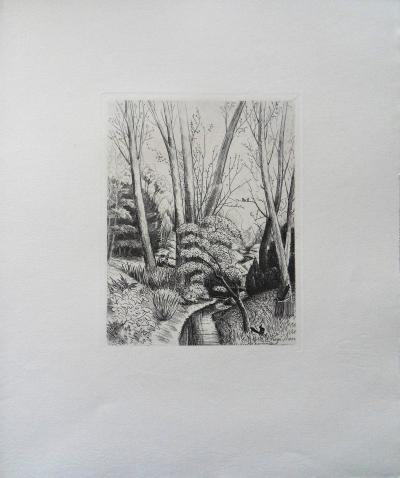 Henri VERGE-SARRAT : Sous bois avec une pie - Gravure originale Signée, 1942 2