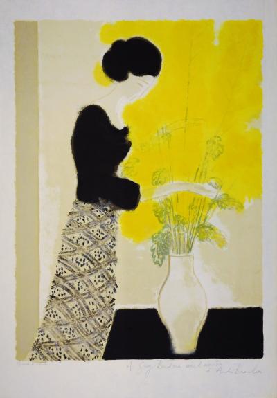 André BRASILIER : Jeune femme au bouquet jaune - Lithographie originale Signée 2