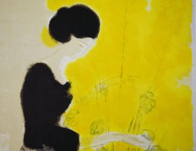 André BRASILIER : Jeune femme au bouquet jaune - Lithographie originale Signée 2