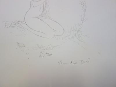 Amandine Doré : Jeune-fille et petits oiseaux - Dessin original signé 2