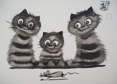 Laszlo Tibay : Trois petits chats curieux et une souris - Dessin original à l’encre Signé