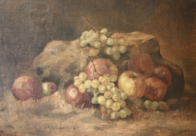 Hubert CLERGET 1818-1899  Nature morte de fruits sur un rocher Still life of fruits on a rock 2