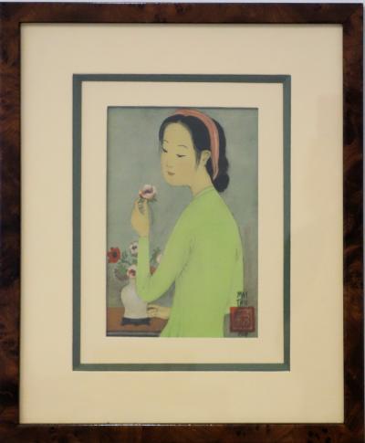 Mai Thu : Jeune fille à la rose - Lithographie originale Signée 2