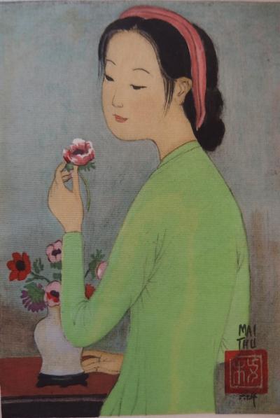 Mai Thu : Jeune fille à la rose - Lithographie originale Signée 2