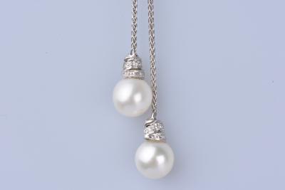 Collier en Or Blanc 18 ct Maille Palmier, 2 Perles de Culture, 16 Diamants 2