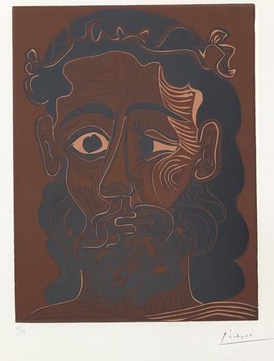 PICASSO - Homme barbu couronné - Linogravure originale signée et numérotée 1962 2