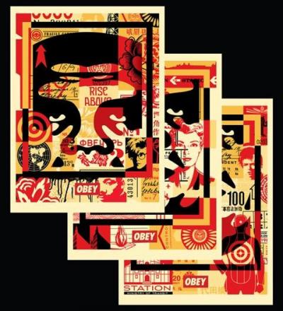 Obey Giant dit, Shepard Fairey (1970) - Tryptique Obey original signée main 2