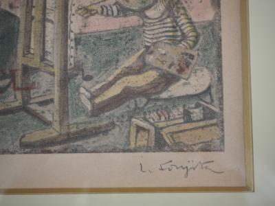 Léonard FOUJITA : Peintre et Modèle - Bois gravé original Signé 2