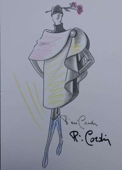 Pierre CARDIN - Tunique flottante et bottes hautes - Illustration de mode signée et réhaussé au Pastel - Collection automne/hiver 1987-1988 2