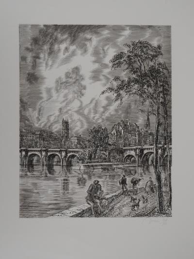 Albert DECARIS - Pais, La Tour Saint Jacques vue de la Seine - Gravure originale signée