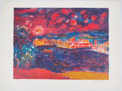 Garcia FONS - Soleil couchant sur le port de Collioure, Lithographie originale signée 2