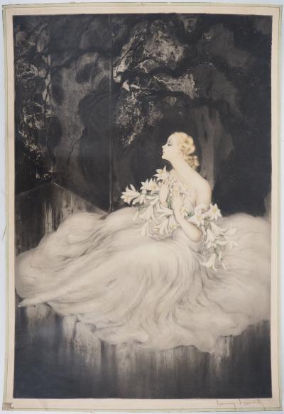Louis ICART - Dame en blanc au bouquet de lys, Gravure originale signée 2
