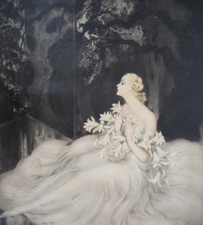 Louis ICART - Dame en blanc au bouquet de lys, Gravure originale signée 2