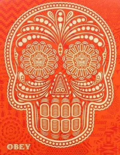 Shepard FAIREY (Obey) & Ernesto YERENA,  Day of the dead skull Orange 1/2, 2018, Techniques mixtes, signée 2