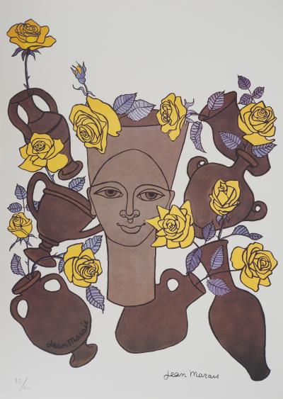 Jean MARAIS - Femme, fleurs et poteries - Lithographie Signée