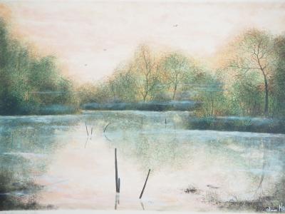 Olivier MAS : Lac dans la brume - Gouache originale signée