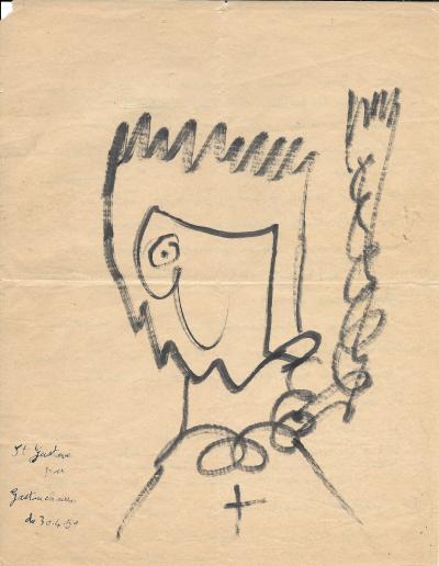 Gaston CHAISSAC - Saint Gustave, 1959 - Dessin et lettre autographe