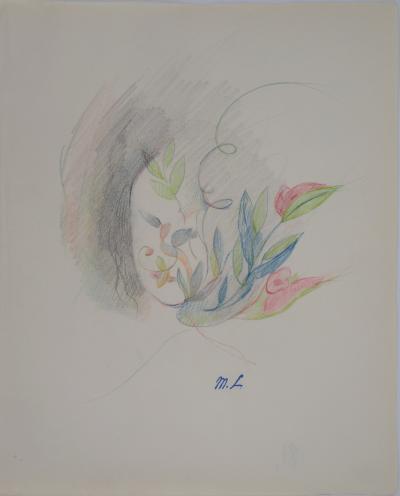 Marie LAURENCIN : Portrait à la fleur, Dessin original signé
