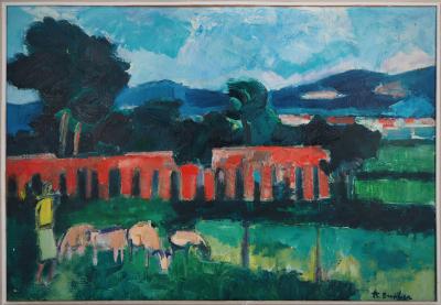 André BRASILIER : Italy, Pastoral Landsape, 1954 - Signed Oil on Canvas