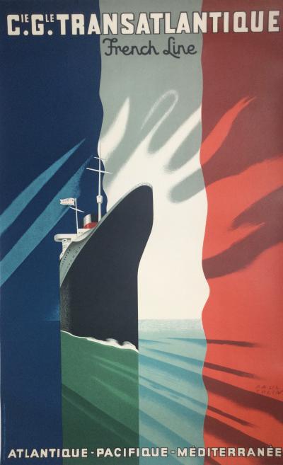 Paul COLIN - Compagnie Générale Transatlantique, Línea Francesa, 1952 - Cartel original firmado
